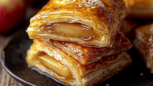 This mouthwatering image features a stack of freshly baked apple strudel pastries, glistening with caramelization, evoking warmth, comfort, and a homely atmosphere.