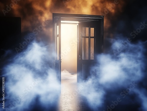 This intriguing image presents an open doorway shrouded in mist, revealing a soft glow that invites viewers into an enchanting, mysterious world filled with possibilities.