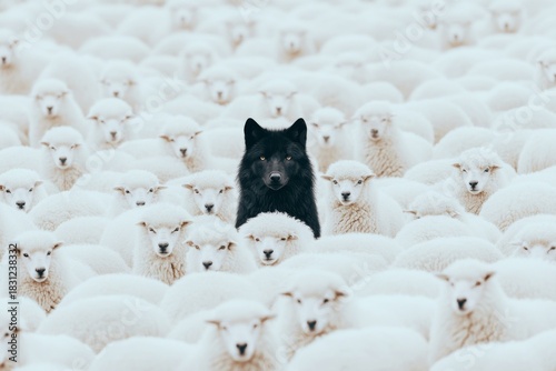 A striking image showcasing a solitary black wolf standing confidently among a flock of white sheep, symbolizing individuality, strength, and the beauty of nature’s contrasts.