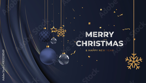 Elegant merry Christmas and happy New Year poster Design with gold decoration