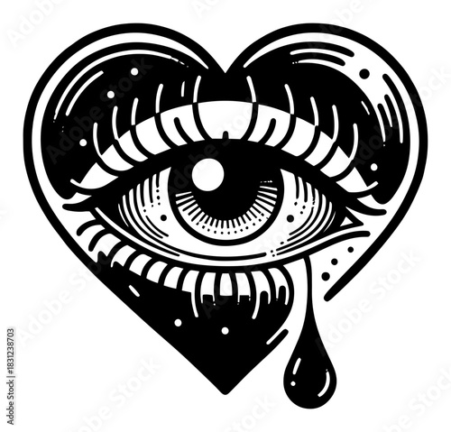 Crying heart with eye inside tattoo, surreal vision symbol vector illustration sketch