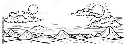 Mountain landscape panorama with sun and clouds, nature scenery vector doodle illustration