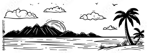 Tropical beach landscape with palm trees and ocean, summer vacation panorama vector sketch