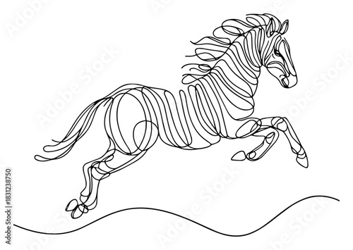 Galloping horse one line drawing, dynamic running stallion vector sketch illustration