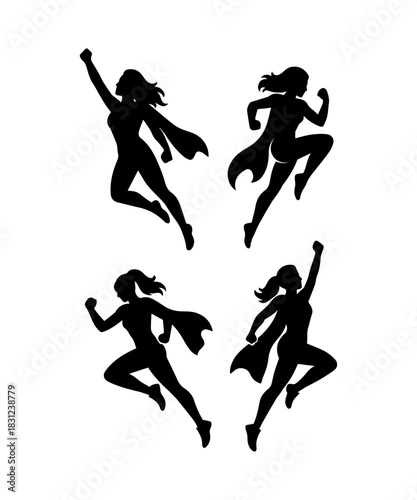 Superhero women silhouette illustration set. Simple icon with woman in cape with super powers.