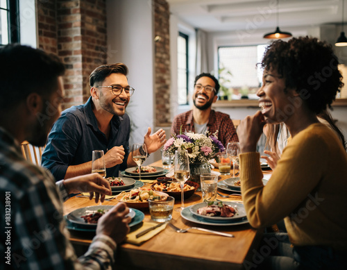 Grupa przyjaciół je wspólnie kolację lub obiad