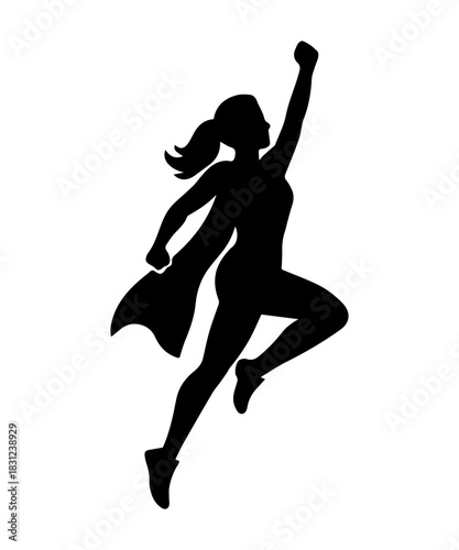 Superhero woman silhouette illustration. Simple icon with woman in cape with superpowers.