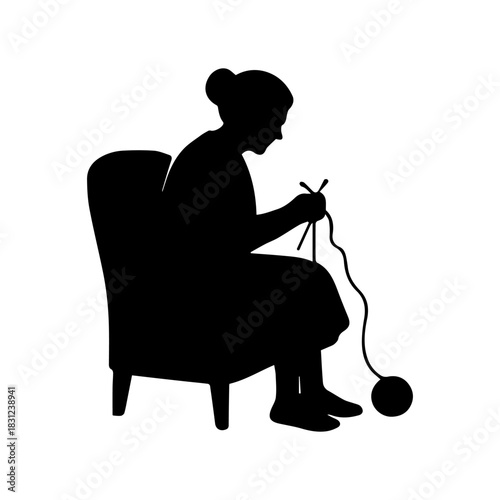 Simple abstract old female silhouette, knitting hobby icon.
