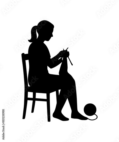 Simple abstract female person silhouette, knitting hobby icon.