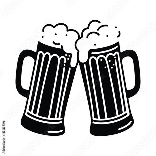 Two black and white beer mugs clinking with frothy foam drink beverage