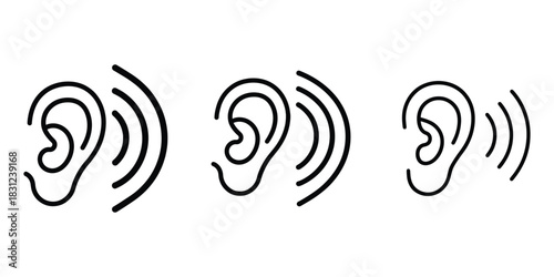 Three black line art ears with sound waves on white hearing