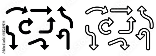 Arrow icon set featuring curved, straight, looped and directional arrows in clean minimal style. Versatile design elements for interfaces, navigation, UI UX projects, infographics, graphic design use