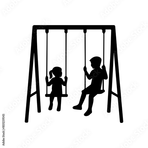 Simple abstract silhouette of siblings swinging. Happy outdoor child activity.