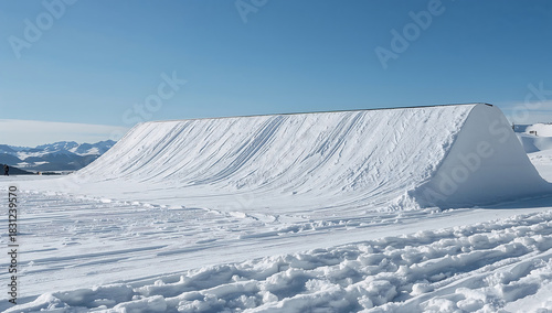 Snow-covered ski jump against clear blue sky, winter sports scene