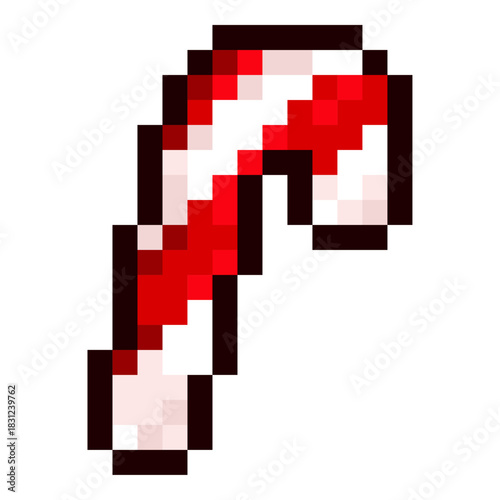 Pixel candy cane in retro 8 bit style with white and red stripes. Festive christmas and new year icon for winter games, stickers, greeting cards, cozy holiday prints and seasonal projects and decor.