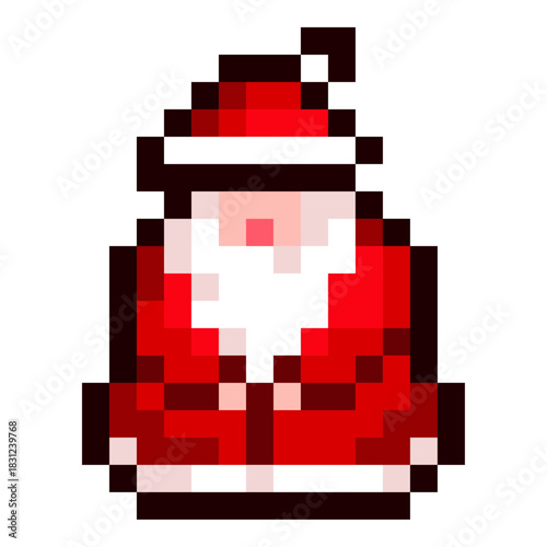Pixel santa claus character in retro 8 bit style. Festive red suit and white beard icon for winter holiday projects, perfect for christmas and new year games, stickers, greeting cards and prints.