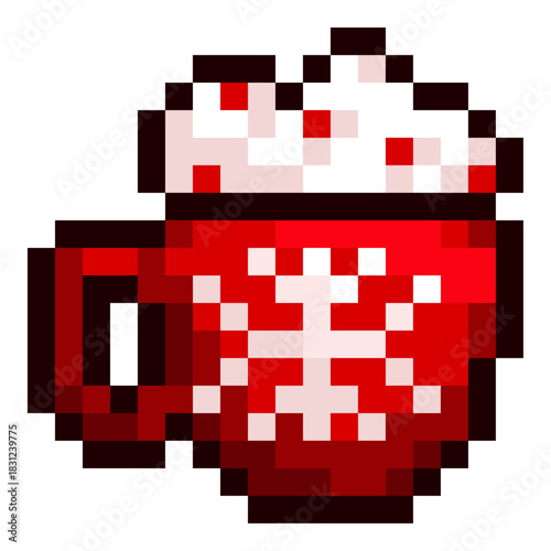 Pixel christmas mug with whipped cream and sprinkles in retro 8 bit style. Cozy winter hot chocolate icon for games, stickers, greeting cards, new year themes and festive holiday projects.