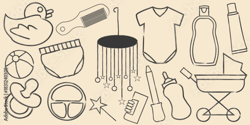 Baby care tools set simple line art icon vector illustration