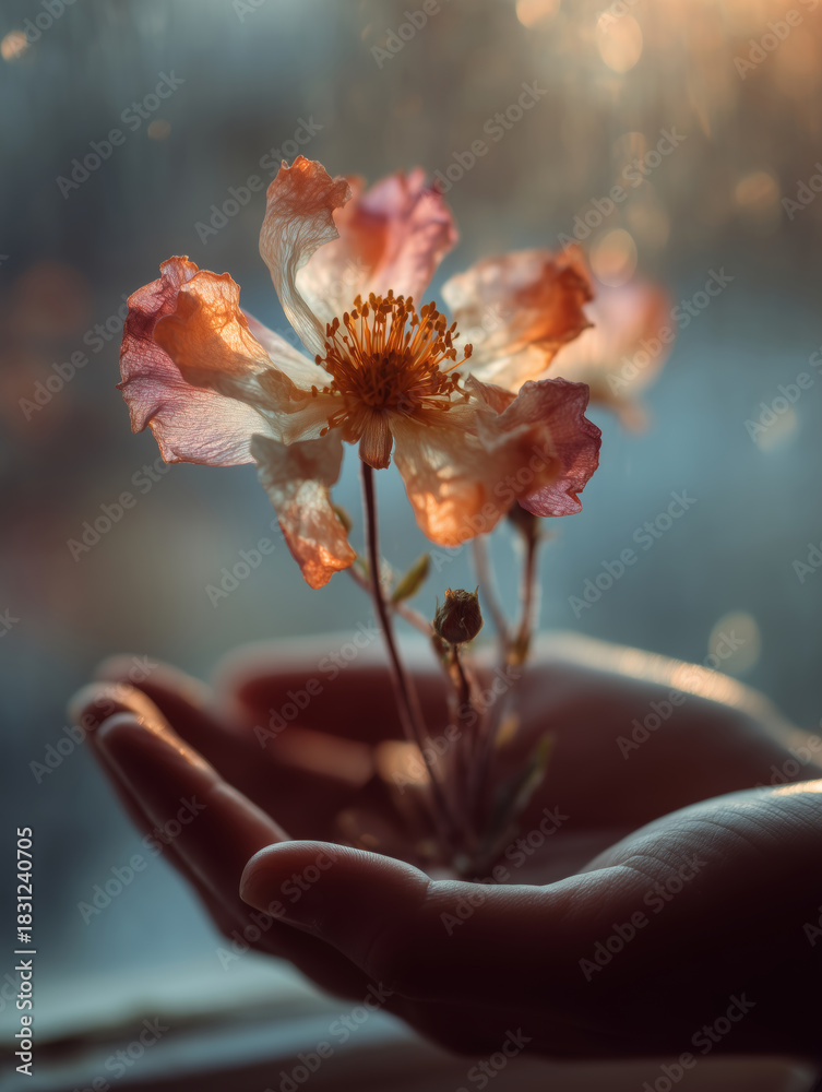 Fototapeta premium Gentle hands cradle a delicate flower under soft light at dusk