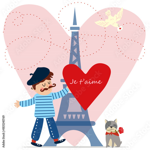 Romantic Paris. Heart, Eiffel Tower, man, dog, and rose, greeting, love, vector, hand-drawn, design element, EPS
