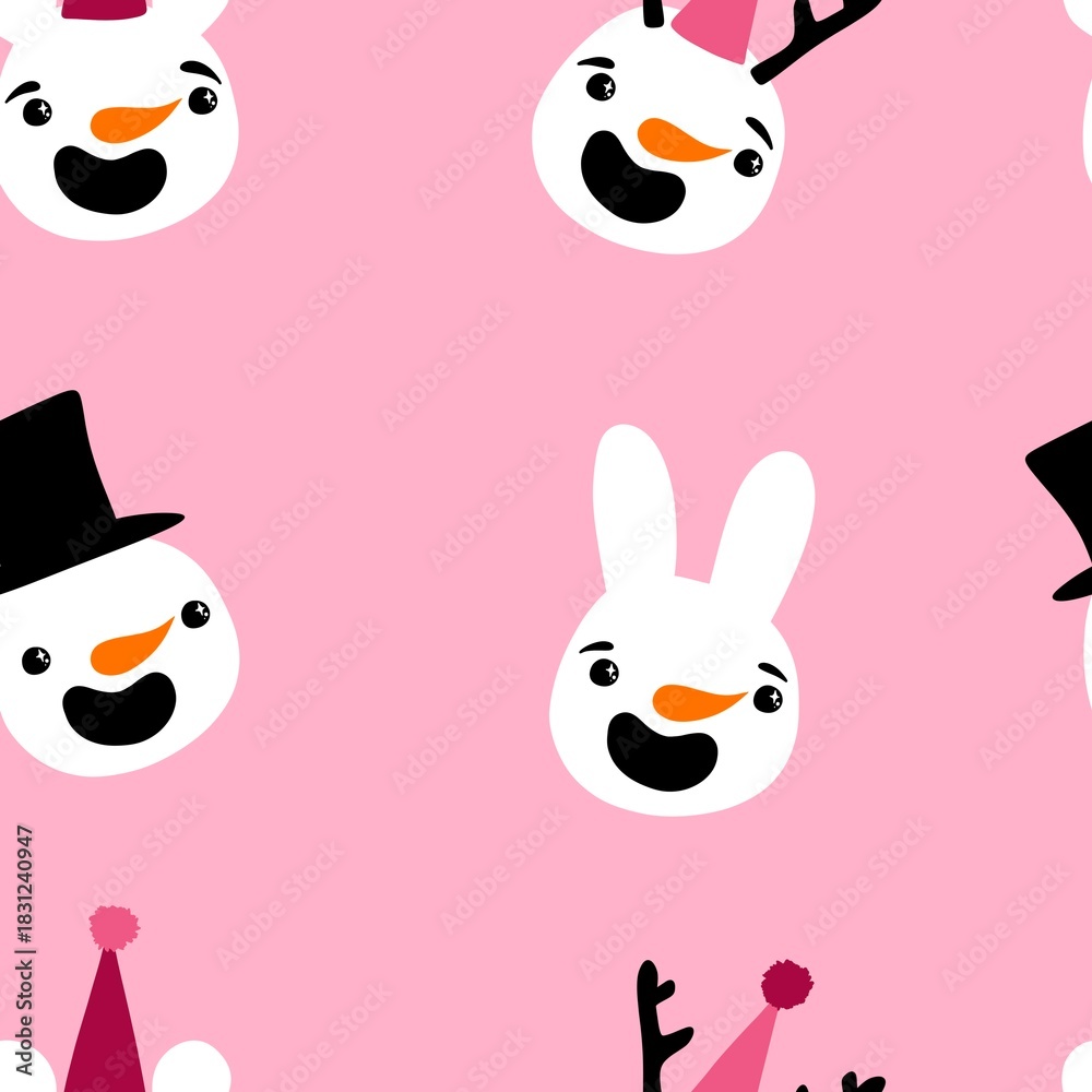 Fototapeta premium Christmas cartoon ice seamless snowman pattern for wrapping paper and fabrics