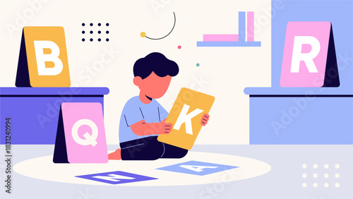 Child Learning Alphabet Cards in Minimalist Pastel Flat Illustration
