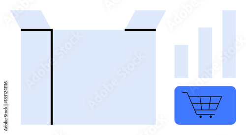 E-commerce concept. E-commerce growth illustrated with an open box, shopping cart symbol, and bar chart. E-commerce for online shopping, retail logistics, business analysis, and sales strategies
