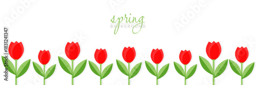 A row of bright red tulips with layered shading and fresh green leaves arranged in a clean horizontal layout. A light and cheerful composition suitable for decorative and seasonal themed visuals