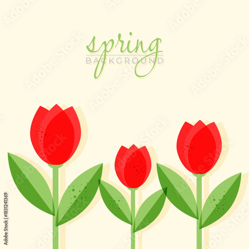 Bright red tulip shapes with layered shading and green leaves on a light background create a clean and cheerful composition. A fresh decorative layout suitable for seasonal themes and greeting visuals