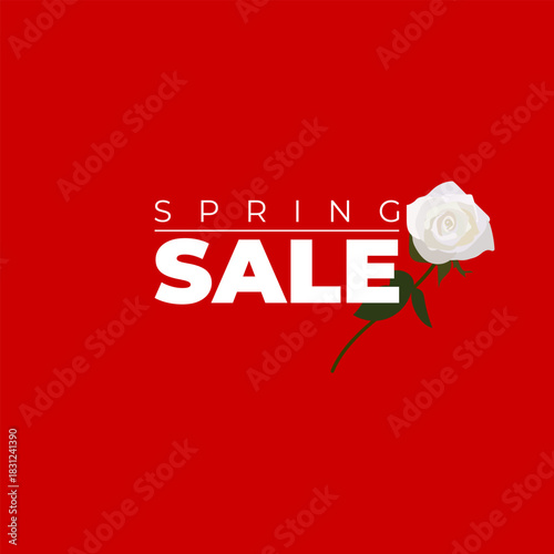 Minimal composition featuring a white rose and Spring Sale text on a bright red background. A bold, eye catching design suitable for seasonal offers and promotional use