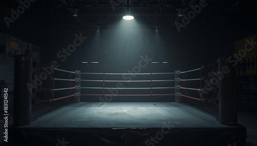Dimly lit boxing ring with spotlight, gym atmosphere