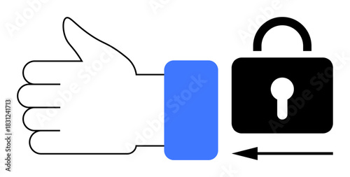 Security concept. A visual ation of security a hand gesture, arrow, and lock. Security and access control for technology, authentication, safety, user protection. Ideal for cybersecurity data