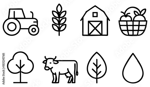 Organic Farming and Agriculture Line Art Icon Set Vector