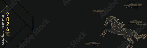 Minimalist Gold Line Art Horse Illustration with Black Background Geometric Shapes and Cloud Elements for Lunar New Year 2026 Banner and Festive Holiday Greeting Design