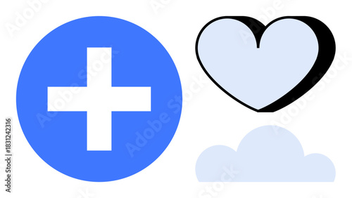 Blue cross, light blue heart, and cloud in flat style. Ideal for health, healthcare, positivity, wellness, medical care support mental health. Simple flat metaphor
