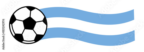 Vector illustration of a classic soccer ball alongside flowing light-blue and white wavy stripes inspired by the colors of the Argentine flag, symbolizing national pride in football