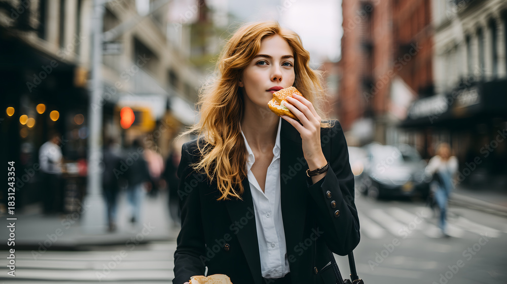 Fototapeta premium Une femme d'affaires mangeant un sandwich tout en traversant une rue de la ville.