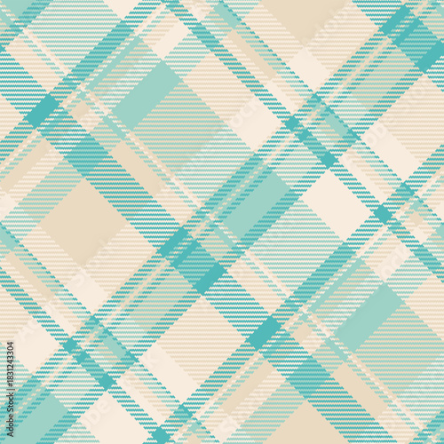 Elegant tartan pattern, diagonally oriented. Serene teal and neutral tones create a calming effect. Ideal for textiles, backgrounds, or graphic design projects.