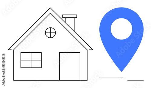 Simple house outline alongside a blue location pin. Ideal for real estate, navigation, home address, GPS, property search, community planning, remote work. Simple flat metaphor