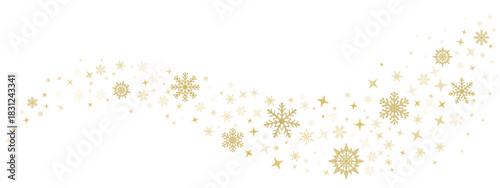 Repeating Christmas border made of gold snowflakes and shiny stars arranged in a decorative wave. Luxury winter trim for packaging, invitations, posters and seasonal branding. Vector design.