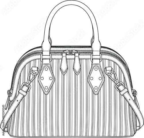Fashionable Women's Boston Bag Technical Sketch, Vector Flat Drawing of Luxury Handbag with Handles and Straps, Apparel Accessories Template