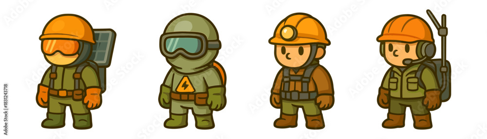 Fototapeta premium Cartoon construction and survey workers characters icon set