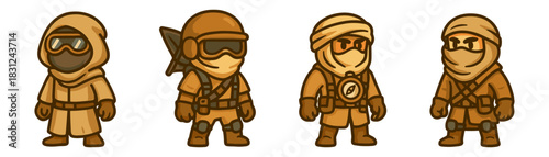 Cartoon desert scouts and nomads characters icon set