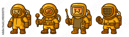 Cartoon retro deep-sea divers characters icon set