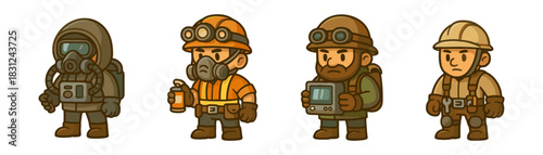 Cartoon post-apocalyptic explorers characters icon set