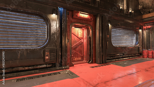 Doorway and shuttered windows in a futuristic sci-fi interior environment. 3D rendered illustration.