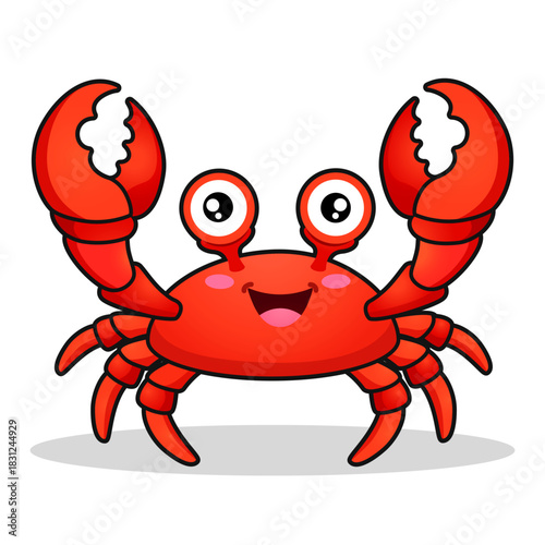 Cartoon illustration of a bright red crab with a wide smile and rosy cheeks, drawn in bold outline style and isolated on a clean white background. Perfect for children’s books, educational materials