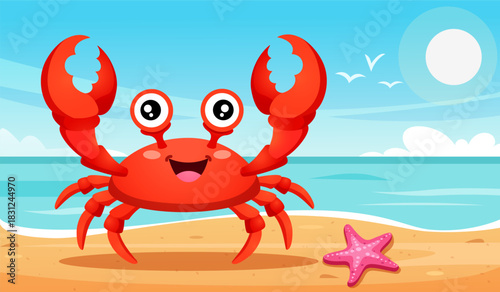 Cartoon digital illustration of a cheerful red crab on a sandy beach with a large starfish, bright blue ocean background, clear sky and flying birds, perfect for kids’ designs, educational materials
