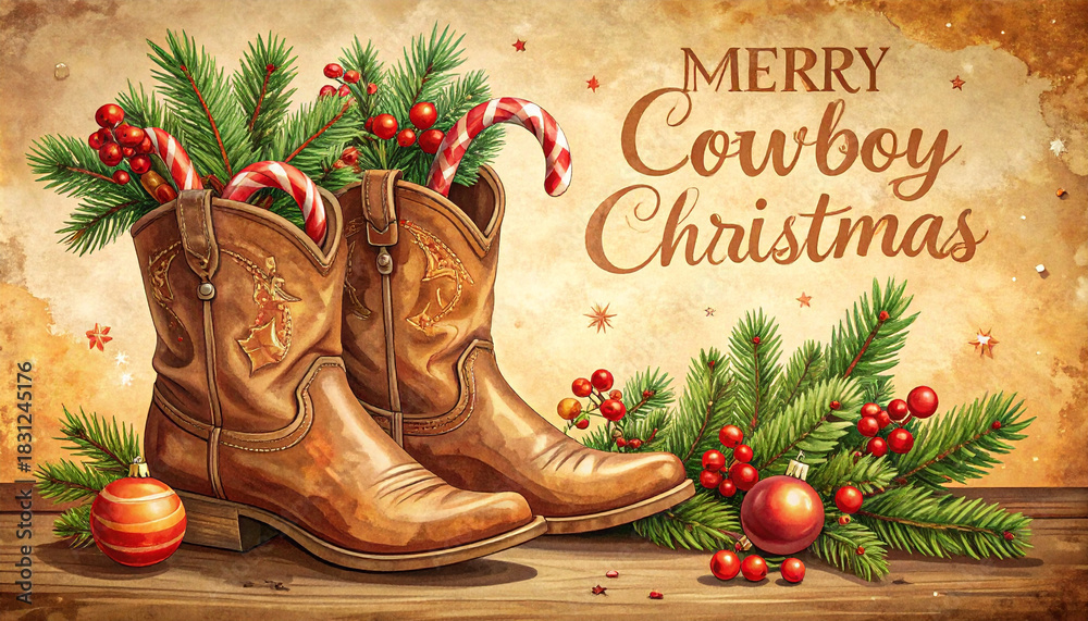Fototapeta premium Festive cowboy christmas celebration rustic setting holiday art western style cozy atmosphere cheerful spirit