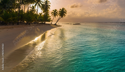 Fototapeta Naklejka Na Ścianę i Meble -  Serene tropical beach at sunset featuring palm trees, golden sand, and turquoise water. Ideal for travel, vacation, or relaxation themes. Evokes peace, paradise.